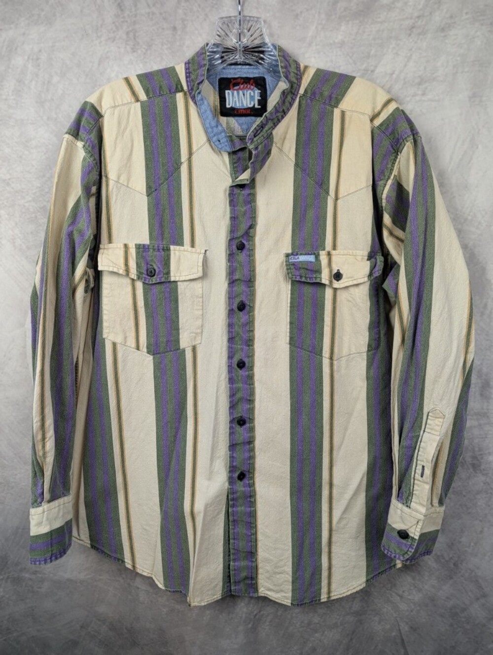90s Club Dance Mediun Striped Western Banded Collar Shirt Size  Cotton